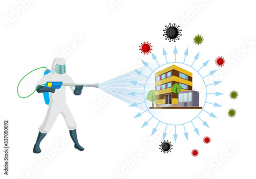 Sanitizing & Disinfectant an office for covid-19 virus corona virus and insects. Human corrector of doing pest control at offices and home. Sanitize office and home vector illustration.