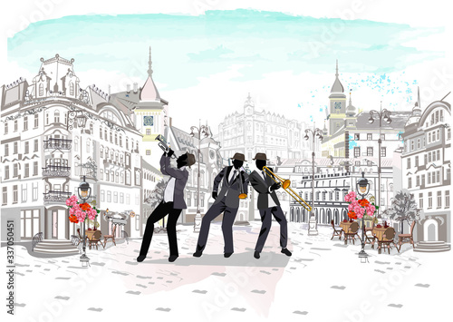 Series of the street cafes with fashion people, men and women, in the old city. Street musicians in the city. Jazz band. Hand drawn vector illustration with retro buildings.