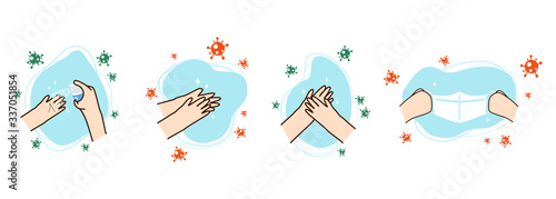 Set of instruction step washing hand with spray alcohol and using mask for preventive corona virus, covid-19.  Flat vector isolated on white background.