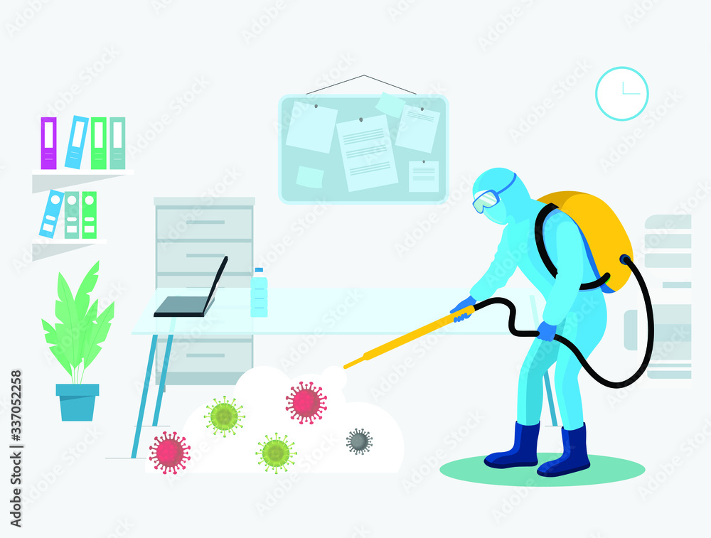 Sanitizing & Disinfectant an office for covid-19 virus corona virus and insects. Human corrector of doing pest control at offices and home.  Sanitize office and home vector illustration.