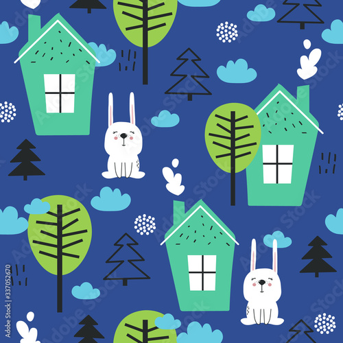 Seamless pattern, bunnies, houses and trees, hand drawn overlapping backdrop. Colorful background vector, rabbits. Illustration with animals, forest. Decorative wallpaper, good for printing