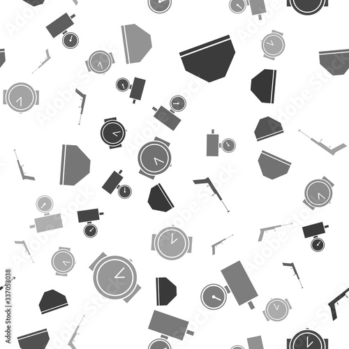 Set Swimming trunks, Gauge scale, Fishing harpoon and Diving watch on seamless pattern. Vector