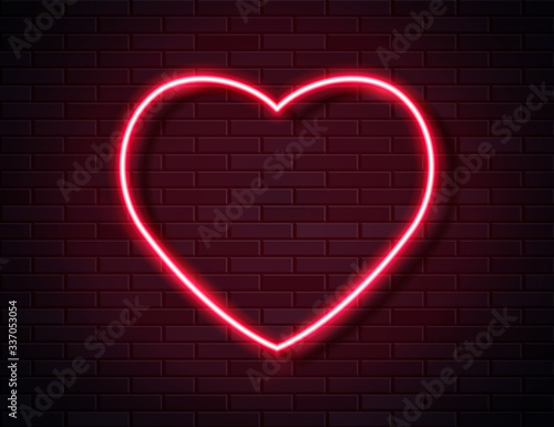 Neon Red Glowing Heart Banner on Dark Empty Grunge Brick Background.