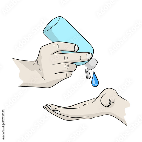 close-up hands using alcohol hand sanitizer gel dispenser to protect Covid-19 virus vector illustration sketch doodle hand drawn isolated on white background