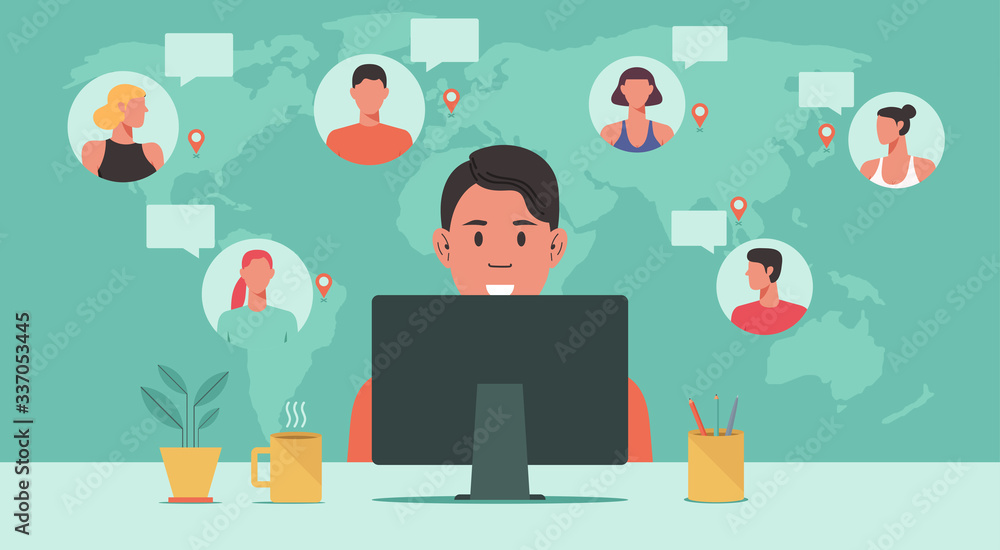 people from around the world working together online on computer, teleconference, video conference remote working, work from home, work from anywhere, new normal concept, vector flat illustration people from around the world working together online on computer, teleconference, video conference remote working, work from home, work from anywhere, new normal concept, vector flat illustration