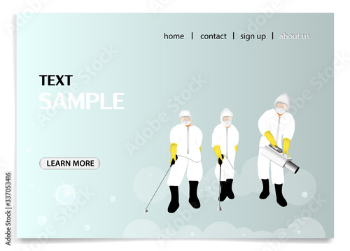 Medical scientists in hazmat suits cleaning and disinfecting coronavirus cells epidemic MERS-CoV virus concept wuhan 2019-nCoV pandemic health risk. vector illustration.