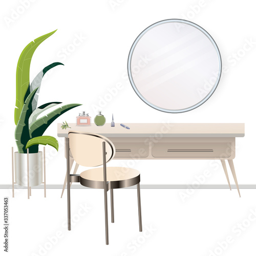Vanity table with cosmetic mirror on wall. Female boudoir for makeup. Makeup table. Vector illustration.