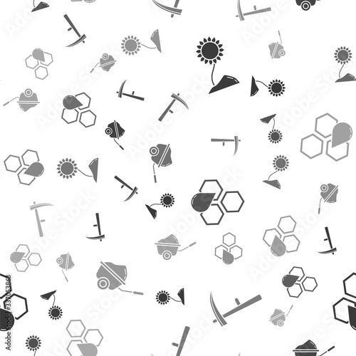 Set Sunflower, Scythe, Honeycomb and Wheelbarrow with dirt on seamless pattern. Vector