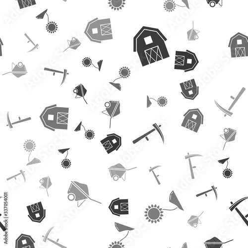 Set Farm House concept, Sunflower, Scythe and Wheelbarrow with dirt on seamless pattern. Vector