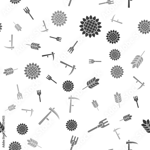 Set Sunflower, Garden rake, Cereals with rice, wheat, corn, oats, rye and Scythe on seamless pattern. Vector