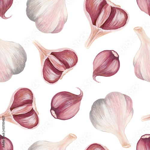 whole garlic, half and slice in peel - seamless print isolated on white square background. Raster hand-drawn gouache illustration of garlic in a realistic style