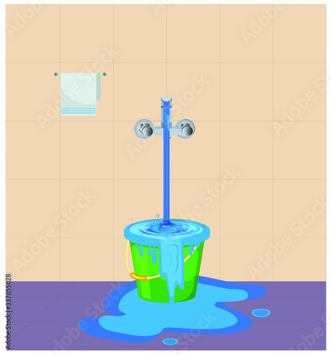 Wastage of water theme. Wastage of water from running tap as bucket is overflow with the water. Wastage of water drop from overflowing bucket and spreading on the floor.