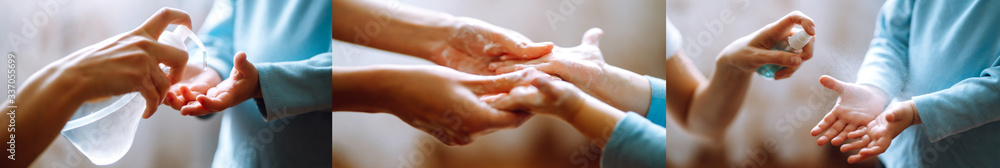 Long edge Collage of hand sanitizers. Hygiene concept. Prevent spread of germs and bacteria and avoid infections coronavirus. Long edge Collage of hand sanitizers. Hygiene concept. Prevent spread of germs and bacteria and avoid infections coronavirus.