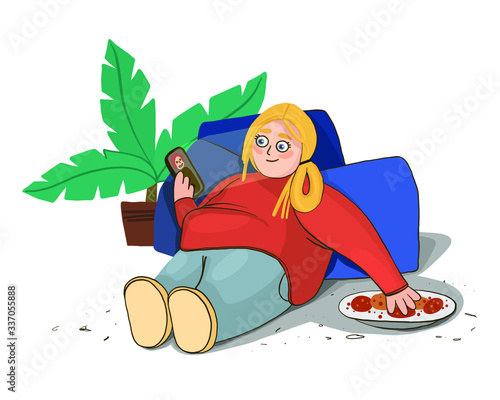 vector illustration of a stay at home. things to do at home. Funny comic on the topic of gluttony, laziness and saving the figure