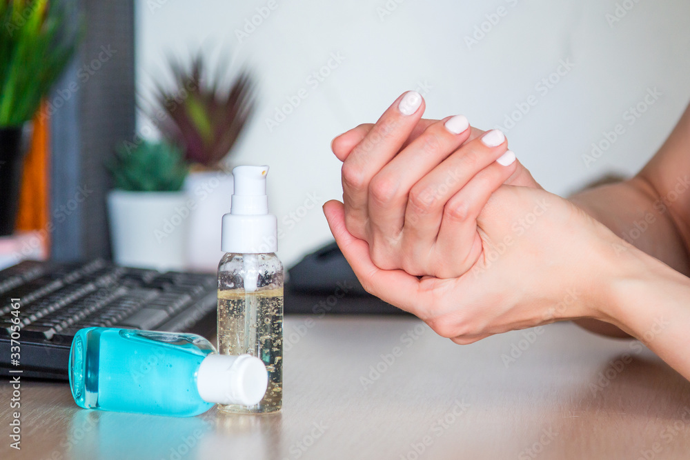 Antiseptic is squeezed out on the hands Antiseptic is squeezed out on the hands