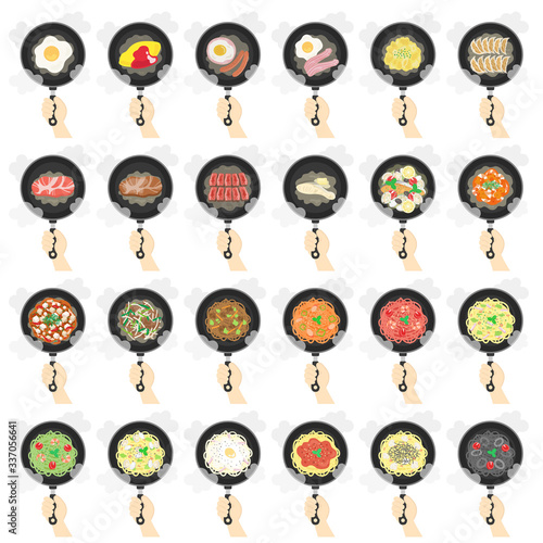 フライパンで調理した料理のイラストセット