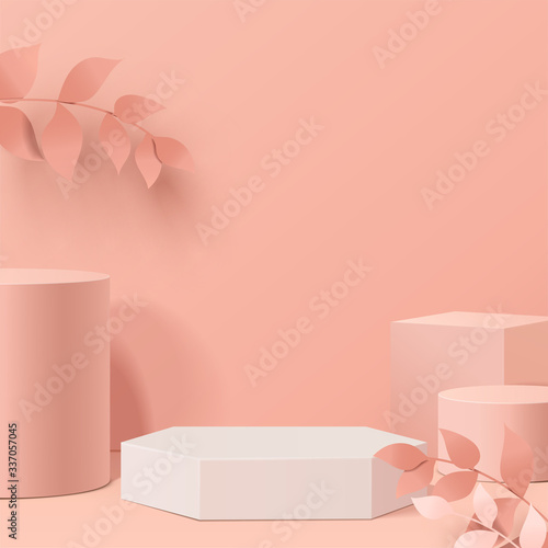 minimal scene with geometrical forms. Cylinder podiums in cream background with leaves. Scene to show cosmetic product, Showcase, shopfront, display case. 3d vector illustration.