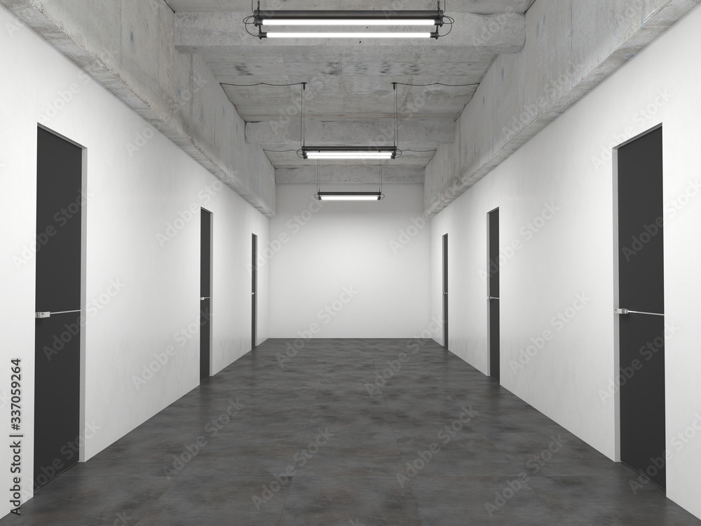 Office lobby with many identical closed black doors and an empty white wall. Corridor interior in loft style. 3D rendering with copy space. Mock up.