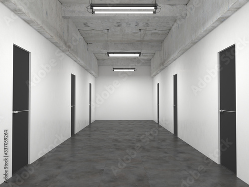 Office lobby with many identical closed black doors and an empty white wall. Corridor interior in loft style. 3D rendering with copy space. Mock up.