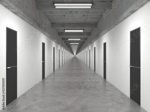 An endlessly long corridor with many closed identical doors in a row. The corridor without beginning and end. Interior in loft style. Creative concept. 3D rendering illustration.