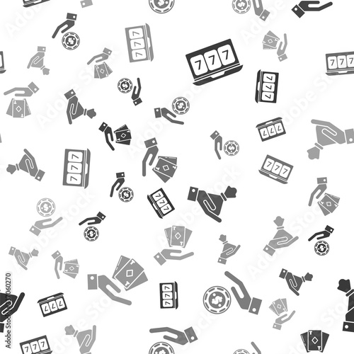 Set Online slot machine with lucky sevens jackpot, Hand holding casino chips, Hand holding money bag and Hand holding deck of playing cards on seamless pattern. Vector