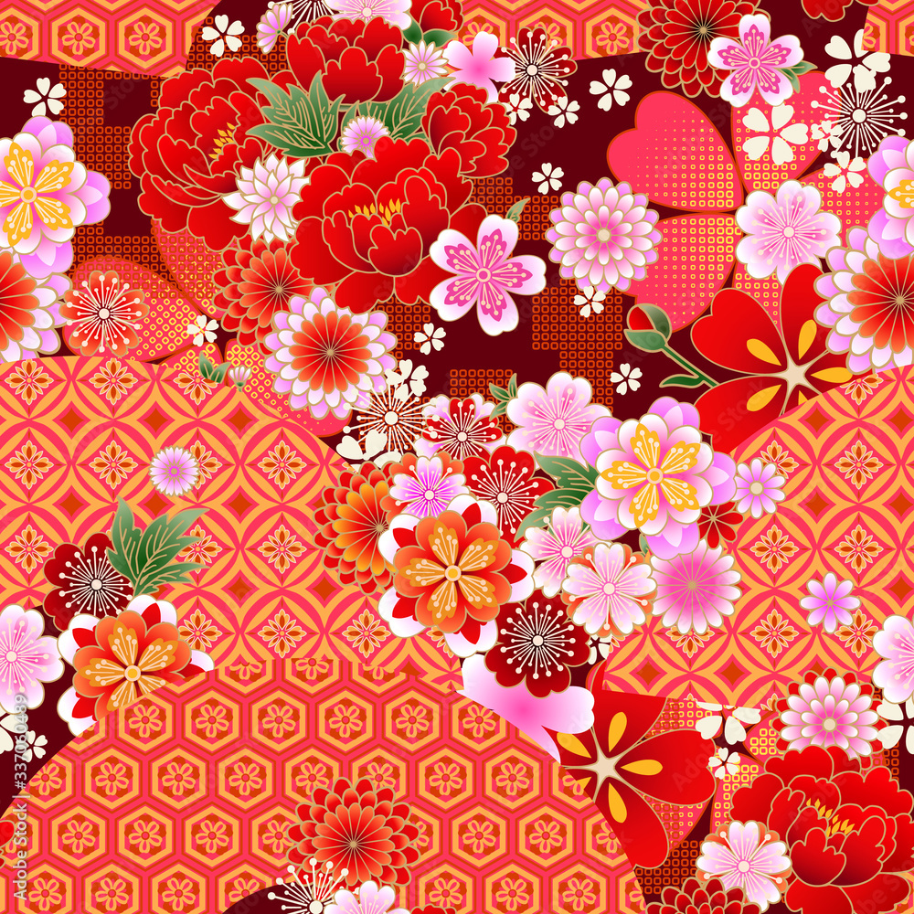Seamless spring japanese pattern with classic floral motif and fans