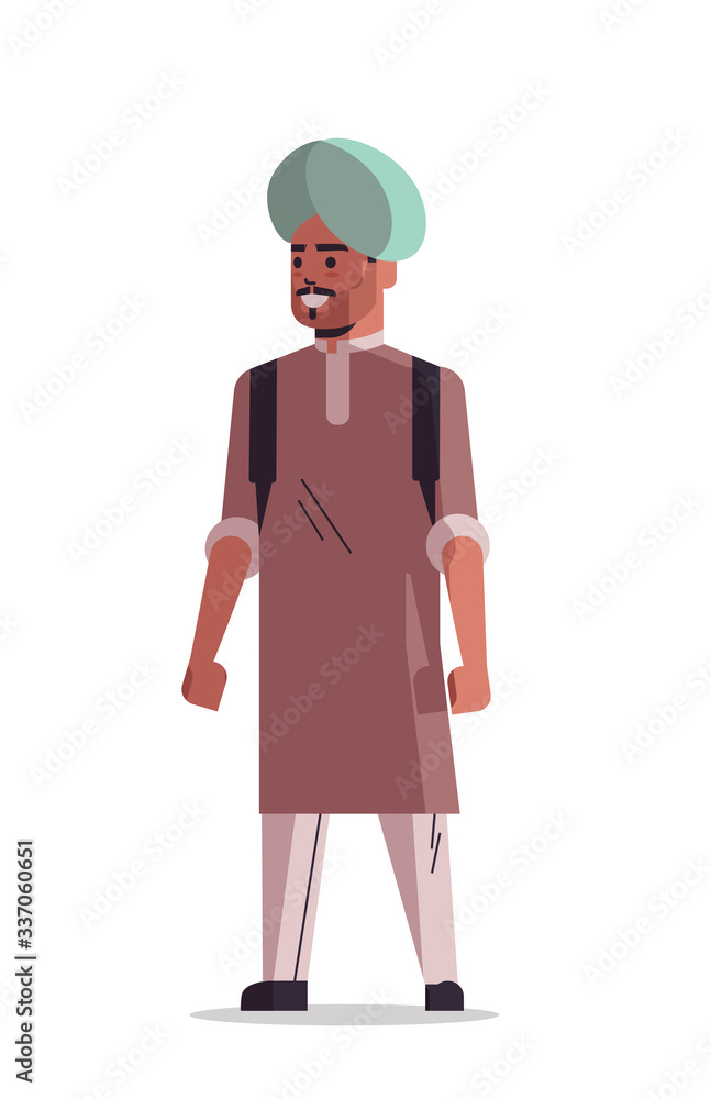 indian man wearing turban smiling male cartoon character standing pose full length isolated vertical vector illustration