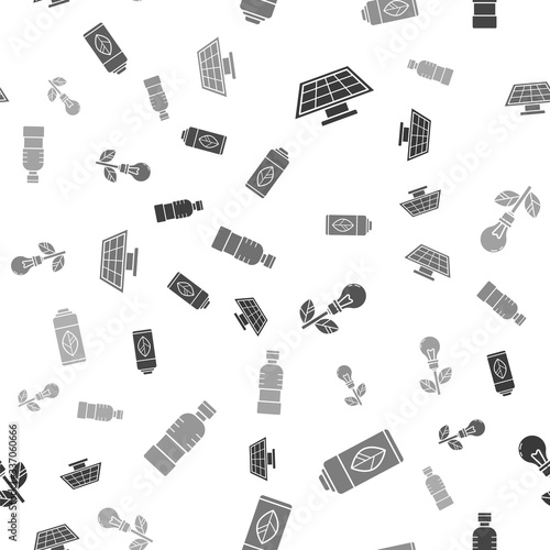 Set Solar energy panel, Recycling plastic bottle, Light bulb with leaf and Bottle of water on seamless pattern. Vector
