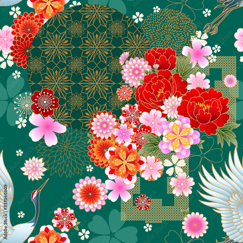 Seamless spring japanese pattern with classic floral motif and cranes
