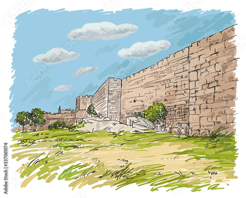Hand drawing Jerusalem old city wall and  king David tower.Israel.