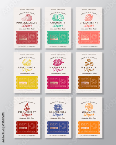 Family Recipe Fruit, Berries and Nuts Liquor Acohol Labels Collection. Abstract Vector Packaging Design Layouts Set. Modern Typography Banners with Hand Drawn Logo and Background.
