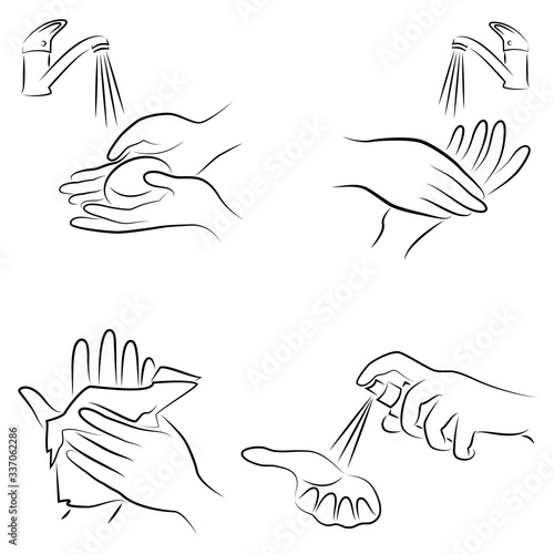 Hygiene procedure collection. Wash hands with soap under the tap, wipe with a napkin, antiseptic treatment. Vector illustration of a set