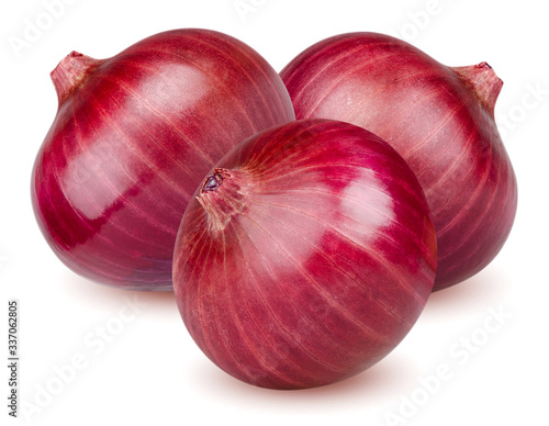 Isolated onion. Three red onions isolated on white background with clipping path
