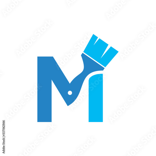 Letter M Paint Brush Logo Design. Home Building Decoration Icon Graphic. Digital Painting Proffesional Vector.