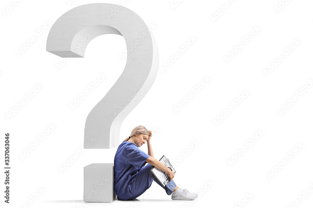 Tired female doctor sitting on the ground and leaning on a big question mark Tired female doctor sitting on the ground and leaning on a big question mark