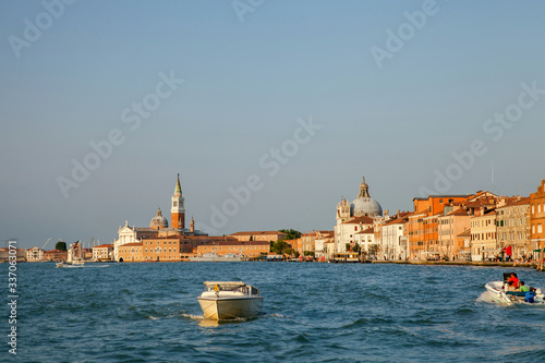 Panoramic view with San Giorgio Maggiore church at sunset, Venice, Italy