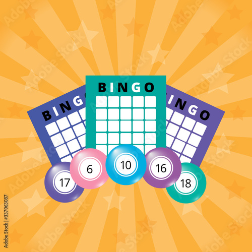 Fun poster or banner with bingo tickets and balls on the orange glowing background. Vector illustration for website, cover, social media, advertising