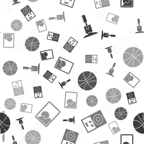 Set Shovel in the ground, Music player, Basketball ball and Picture landscape on seamless pattern. Vector