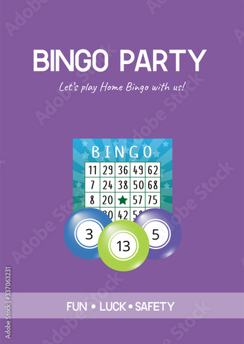 Bingo party poster with lotto ticket and balls on the purple background. Usable for flyers, banners, social media, advertising. Scaled A4 vector illustration