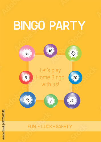 Home bingo poster with balls on the orange background. Usable for flyers, banners, social media, advertising. Scaled A4 standard size. Vector illustration