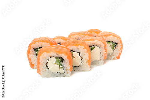 Japanese food. Delicious sushi rolls isolated on white background