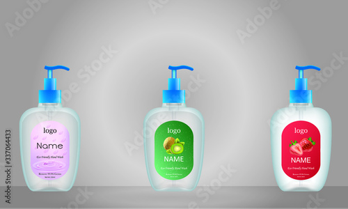 Bottle with liquid soap with label designs for your product. Plastic bottle with label ready for mock up. vector