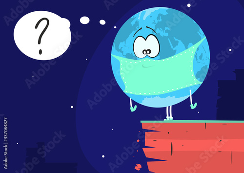 Cartoon planet earth in a mask standing on the edge of a precipice. Flat vector.