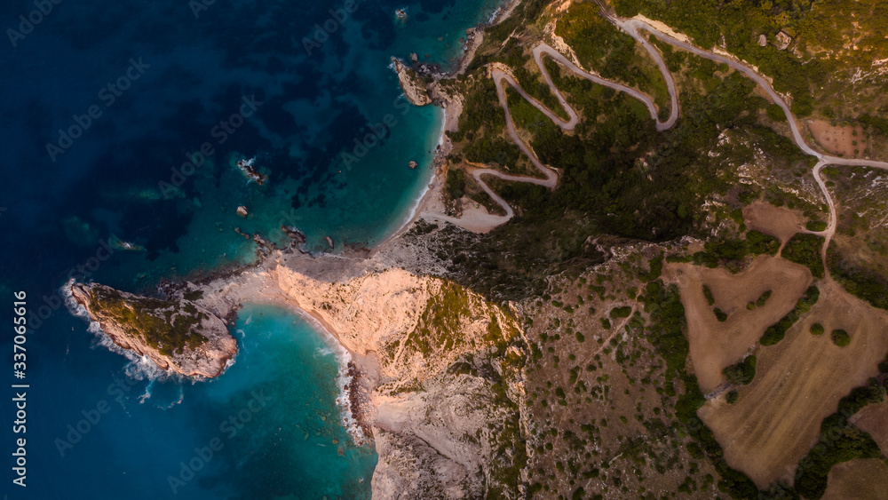 Petani beach - Kefalonia,Greece aerial shot taken with a drone at sunset