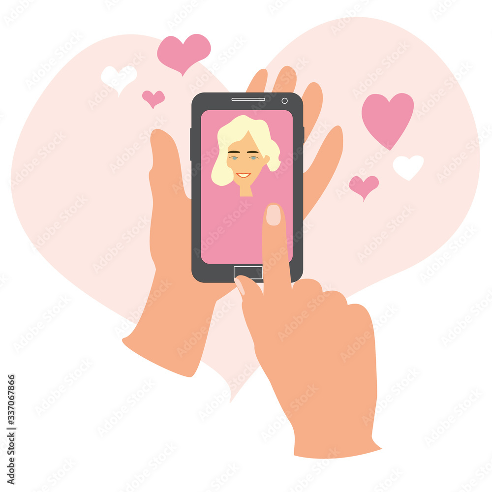 Hand holding smartphone with girlfriend on screen. Video call with loved one. Finger touch screen. Video call concept. Flat cartoon illustration for web sites and banners design. Love concept. 