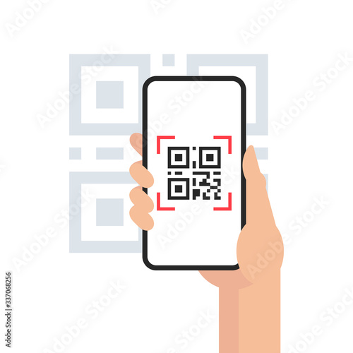 QR code mobile phone scan on screen. in hand on white background. Flat Style