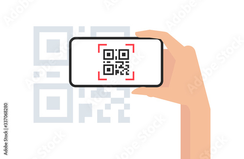 QR code mobile phone scan on screen. in hand on white background. Flat Style