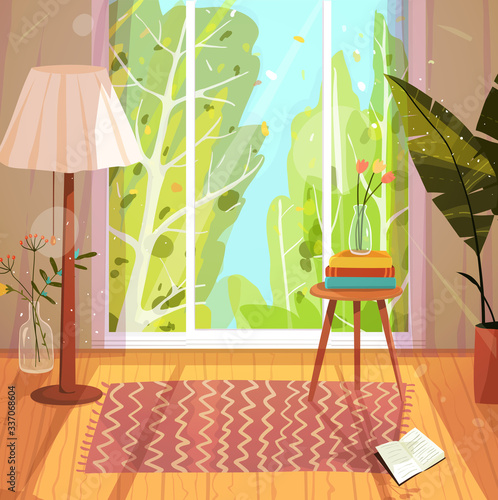 Empty living room cozy accommodation design, with big window and shadows, lamp shade, curtains, rug and books on the wooden floor. Vector artistic design.