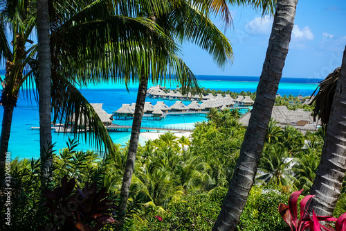Fotografia Overwater Bungalows in Turquoise Pacific Ocean Through Palms and Tropical Foliag