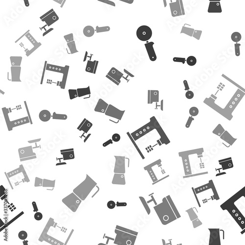 Set Pizza knife, Kitchen meat grinder, Electric mixer and Moka pot on seamless pattern. Vector